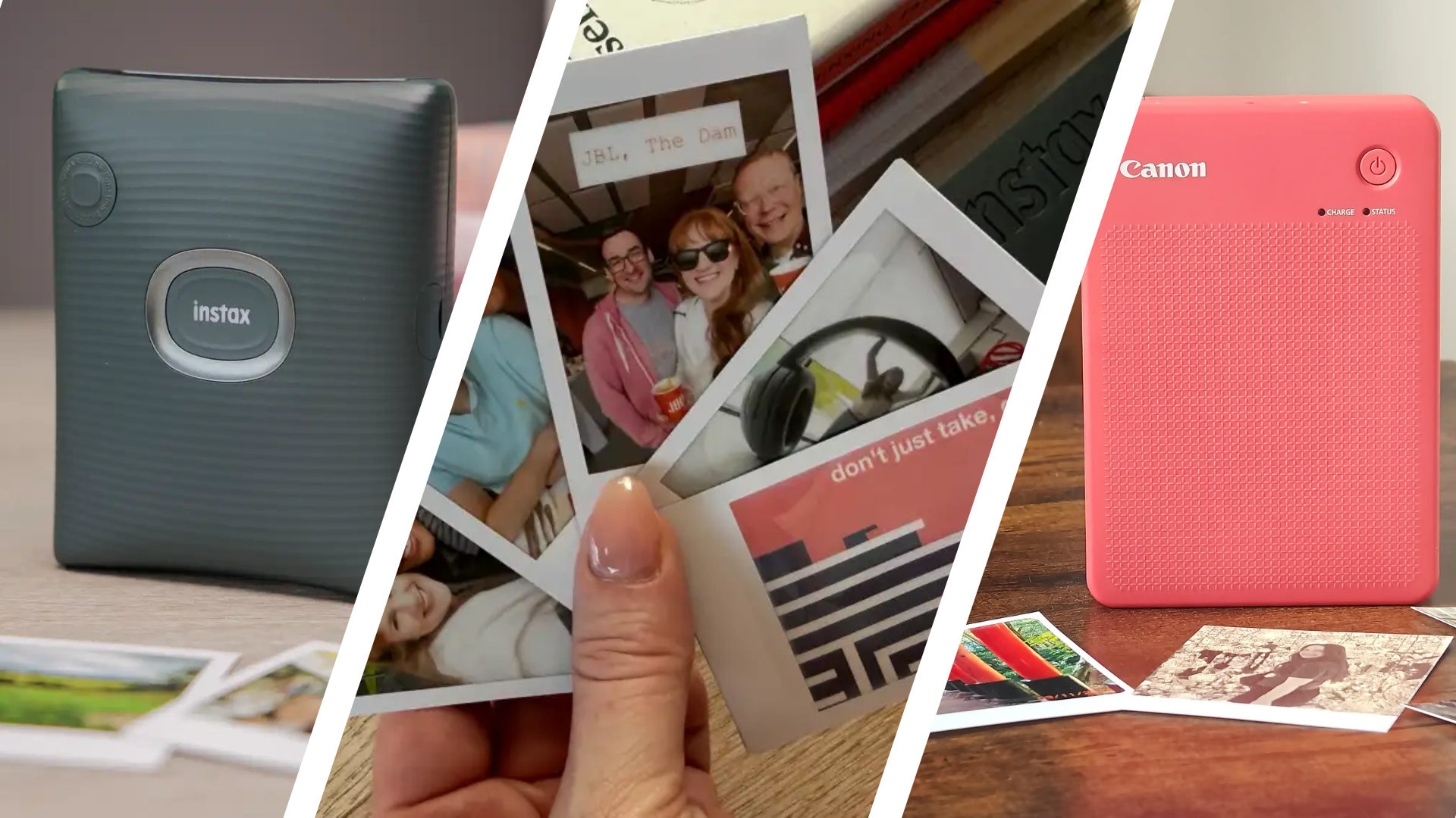 Selection of modern portable photo printers printing vibrant instant photos
