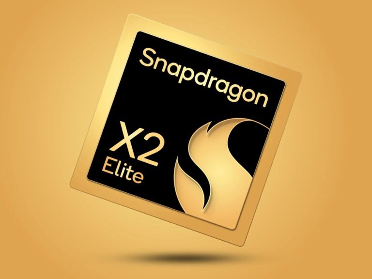 A close-up of a person holding a smartphone, with a vivid gaming scene on the screen, showcasing the intense action and colour of the game, with the Snapdragon X2 Elite and Apple M5 logos in the background, highlighting the battle for mobile gaming supremacy