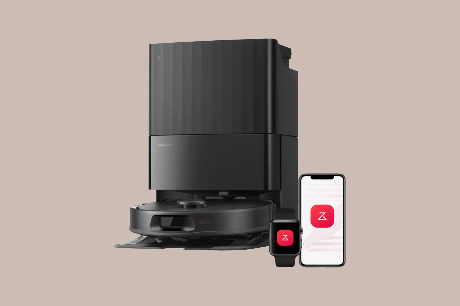 Roborock Qrevo S Pro robot vacuum and mop standing on a hardwood floor beside its automatic docking station