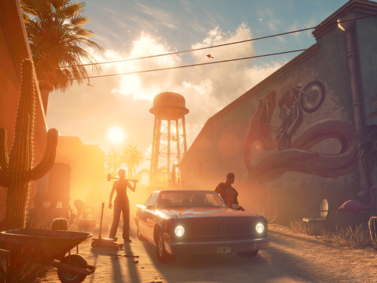 Saints Row prequel concept art featuring a 1970s cityscape with vibrant colours and characters, highlighting the game's potential setting and atmosphere, with a focus on the Saints Row series and its unique blend of humour and action