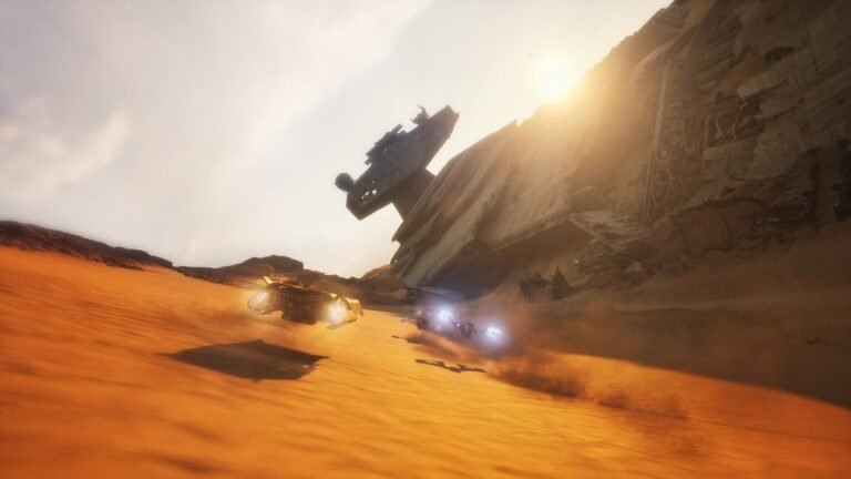 Star Wars: Galactic Racer gameplay screenshot featuring a podracer speeding through a desert landscape, with the primary keyword 'Galactic Racer' naturally included in the descriptive alternative text for the featured image, showcasing the game's stunning visuals and high-speed action sequences