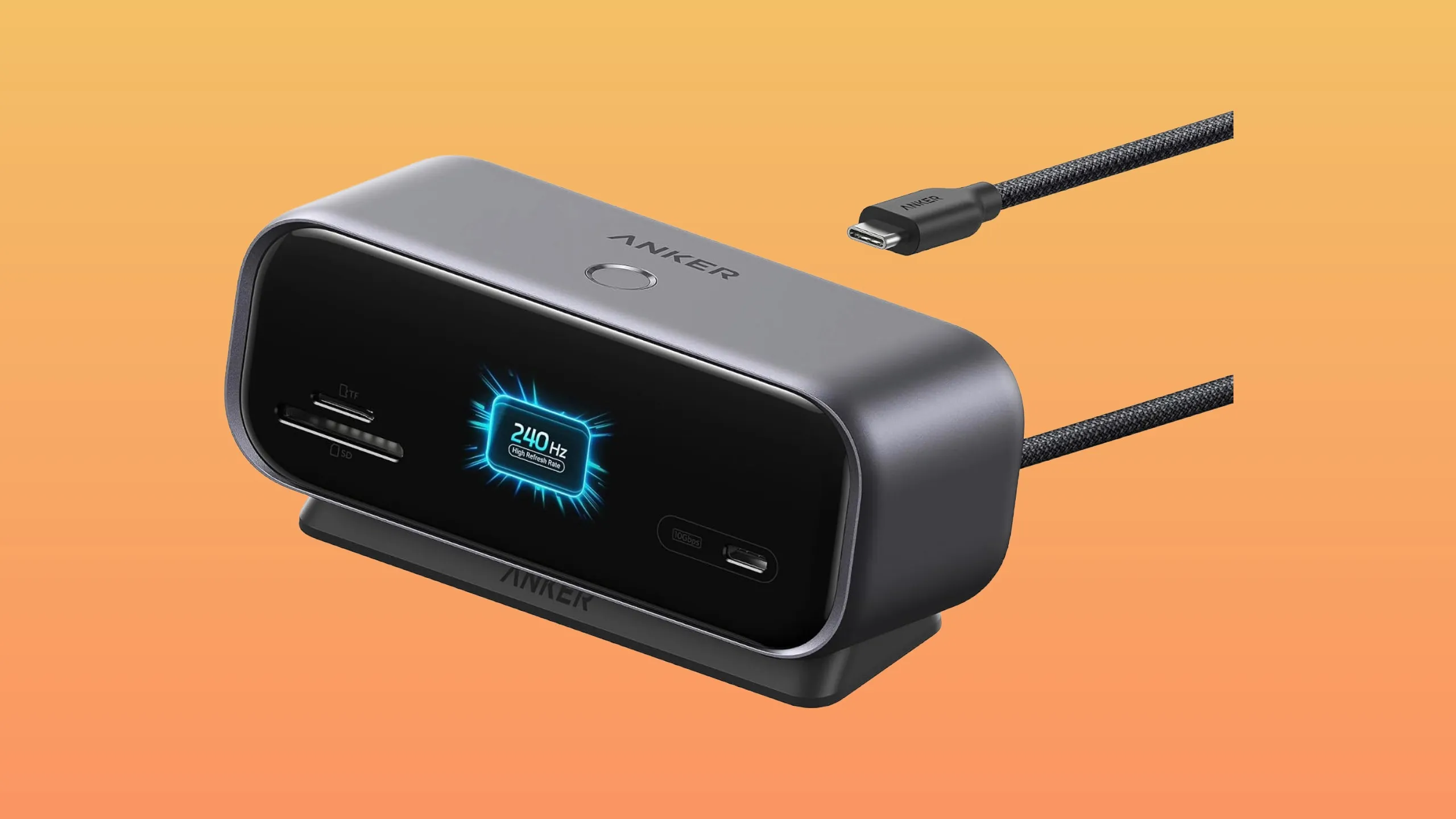 Anker Nano 10‑in‑1 USB‑C hub showing its compact design with ports and front smart display
