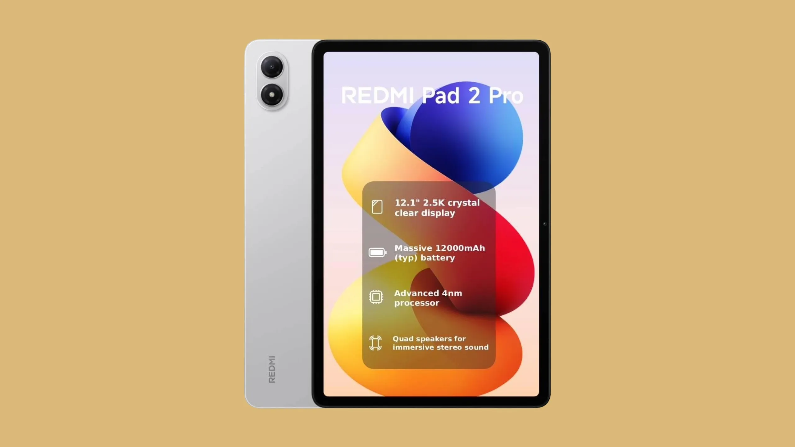 Xiaomi Redmi Pad 2 Pro tablet with 12.1 inch display and large battery on a desk