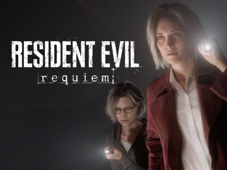 A dark and ominous image of a Resident Evil game scene, with a character in the foreground and a haunting atmosphere, featuring Alyssa Ashcroft and a potential Resident Evil 10 setting