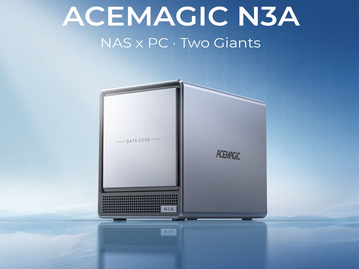 The Acemagic N3A mini PC and NAS hybrid device with six storage drive slots, featuring four SATA drive bays and two M.2 SSD slots, providing ample storage space for home computing needs with primary keyword mini PC