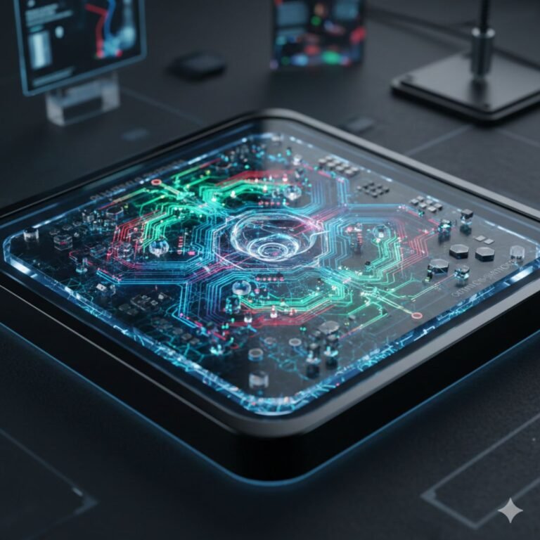 A photonic processor chip developed by Chinese researchers, capable of running large-scale AI models at speeds orders of magnitude beyond traditional silicon hardware, with a complex network of optical interconnects and photonic components, representing a significant breakthrough in the field of artificial intelligence and photonic processing