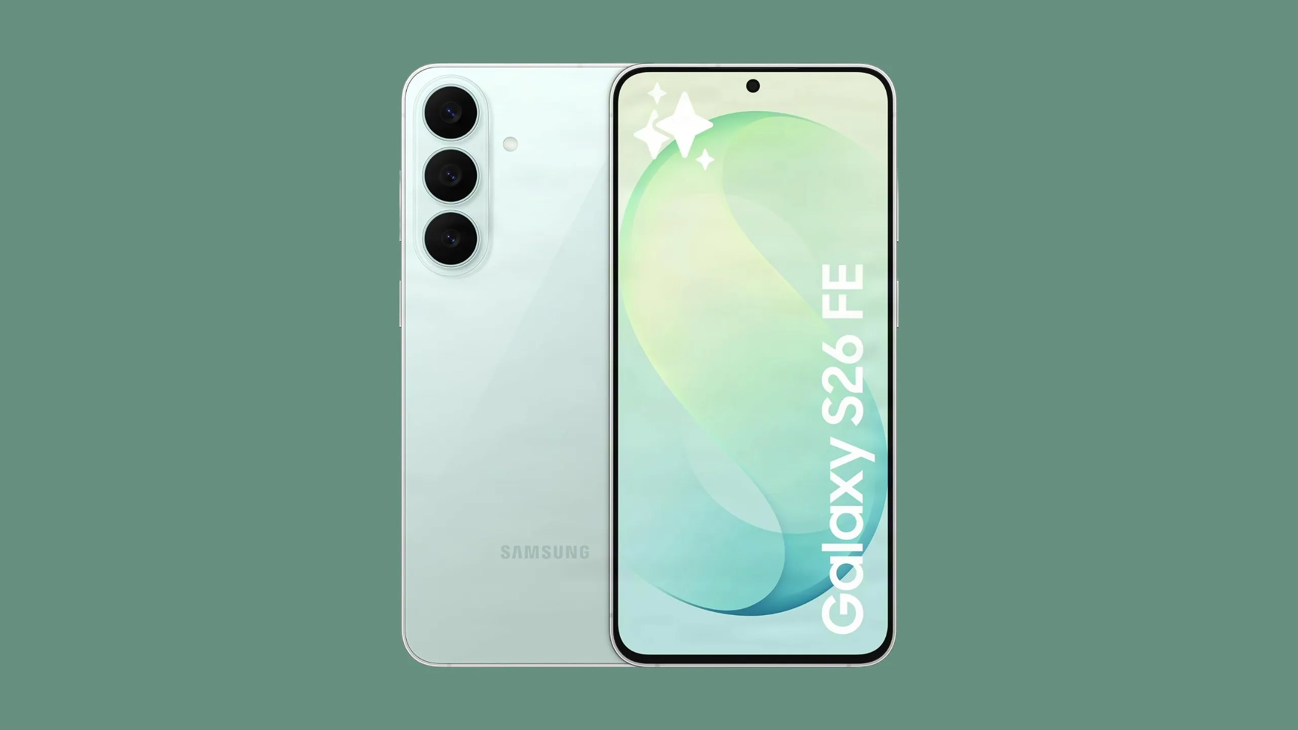 Samsung Galaxy S26 FE smartphone in Pistachio green displayed on a sleek black background
