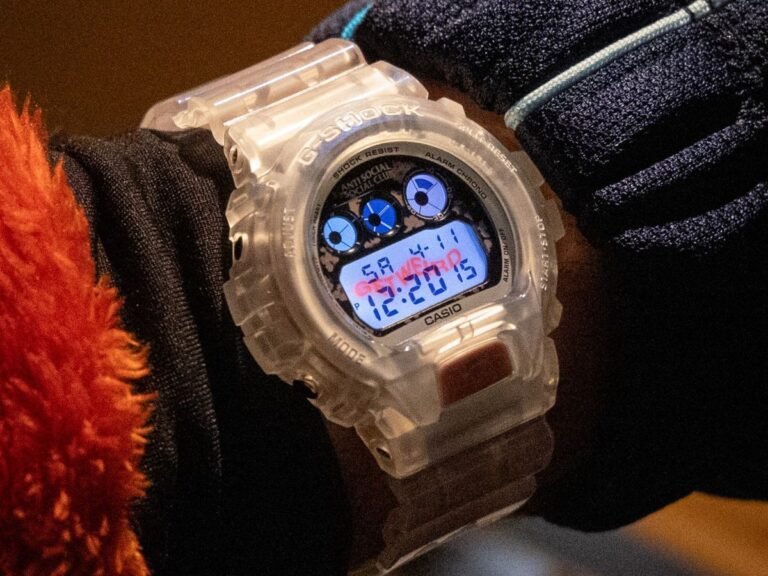 The new Casio G-Shock skeleton watch features a transparent bezel and strap, showcasing a popular design, with a multifunctional alarm and precise stopwatch, perfect for streetwear enthusiasts and watch collectors alike, with a unique colour scheme and design that is sure to turn heads