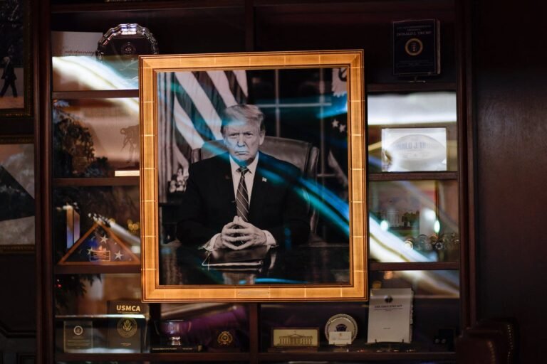 A photo of the White House with a faded portrait of Trump in the background, symbolising the mystery and intrigue surrounding the hidden portrait, with a mix of colour and shade to represent the complexity of the issue