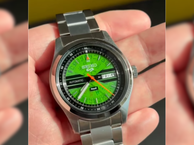 The Seiko 5 Sports limited-edition watch features a stunning translucent green dial, exposing the underlying day/date wheels, and is powered by a 4R36 caliber movement, making it a unique and stylish timepiece for watch collectors and enthusiasts alike, with a steel case and limited to 7,000 units worldwide