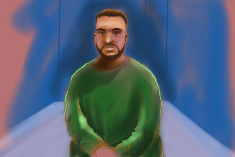 A photo of Bondi Beach with a courthouse in the background, symbolising the recent attack and court case, with a focus on the suspect's behaviour and the impact on the community, showcasing the colour and texture of the scene