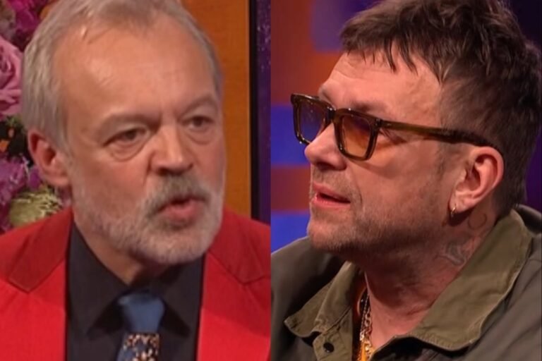 Graham Norton and Damon Albarn in an awkward exchange on a chat show, with a mixture of colour and drama in the background, highlighting the primary keyword of entertainment news