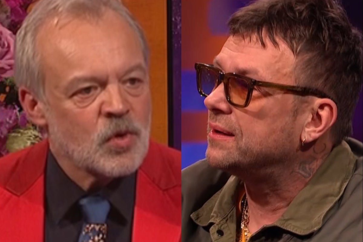 Graham Norton and Damon Albarn in an awkward exchange on a chat show, with a mixture of colour and drama in the background, highlighting the primary keyword of entertainment news
