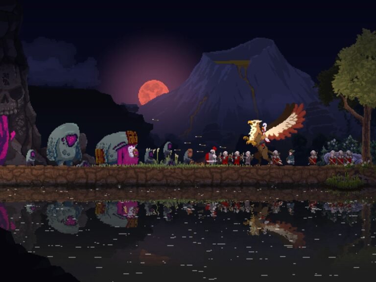 Kingdom Two Crowns medieval strategy game featured image, showing a monarch riding a horse, with a castle in the background, set amidst a beautiful, vibrant landscape with rolling hills and towering trees, under a bright blue sky with fluffy white clouds, with a few birds flying in the distance