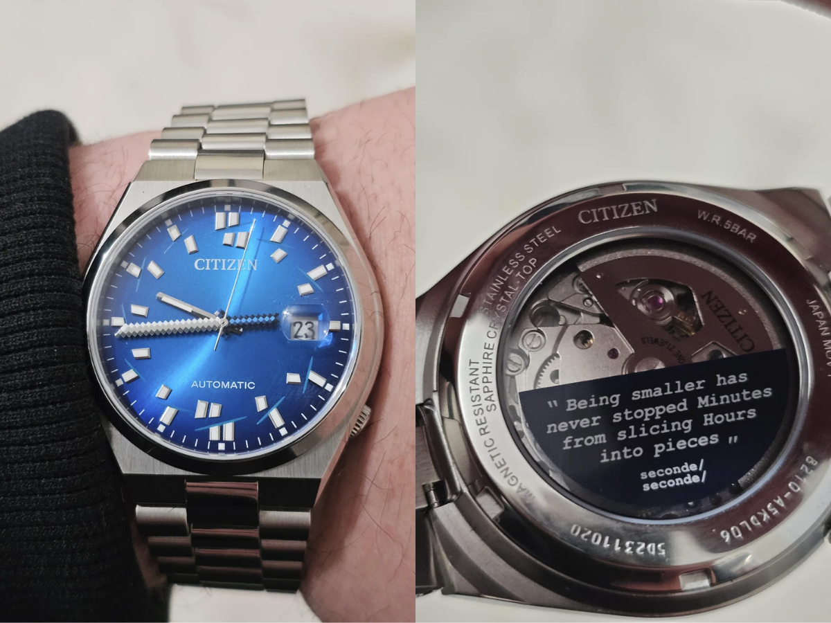 The Citizen Tsuyosa limited-edition automatic watch, featuring a vivid blue sunray dial, pixel-art katana minute hand, and exhibition caseback with Caliber 8210 movement on display, showcasing the watch's unique blend of traditional Japanese craftsmanship and modern design elements, perfect for watch collectors and enthusiasts
