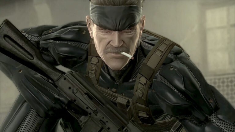Metal Gear Solid 4: Guns of the Patriots gameplay screenshot, featuring the game's protagonist, Solid Snake, in action, with a variety of weapons and equipment at his disposal, set against a backdrop of a war-torn city, with the primary keyword 'Metal Gear Solid' naturally included