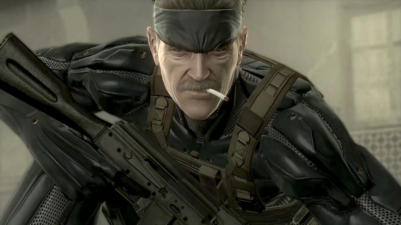 Metal Gear Solid 4: Guns of the Patriots gameplay screenshot, featuring the game's protagonist, Solid Snake, in action, with a variety of weapons and equipment at his disposal, set against a backdrop of a war-torn city, with the primary keyword 'Metal Gear Solid' naturally included