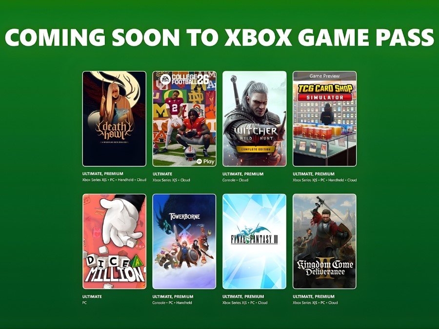 Xbox Game Pass logo with a background of upcoming games, including Kingdom Come Deliverance 2 and The Witcher 3, representing the latest gaming news and updates