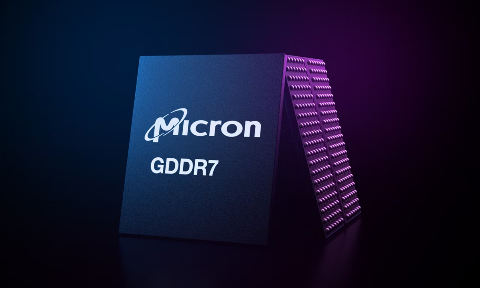 Micron's 24Gb GDDR7 memory modules offer higher capacities and faster speeds for immersive graphics and high-performance AI workloads, featuring a close-up of the memory chips and a background of circuit boards and graphics cards