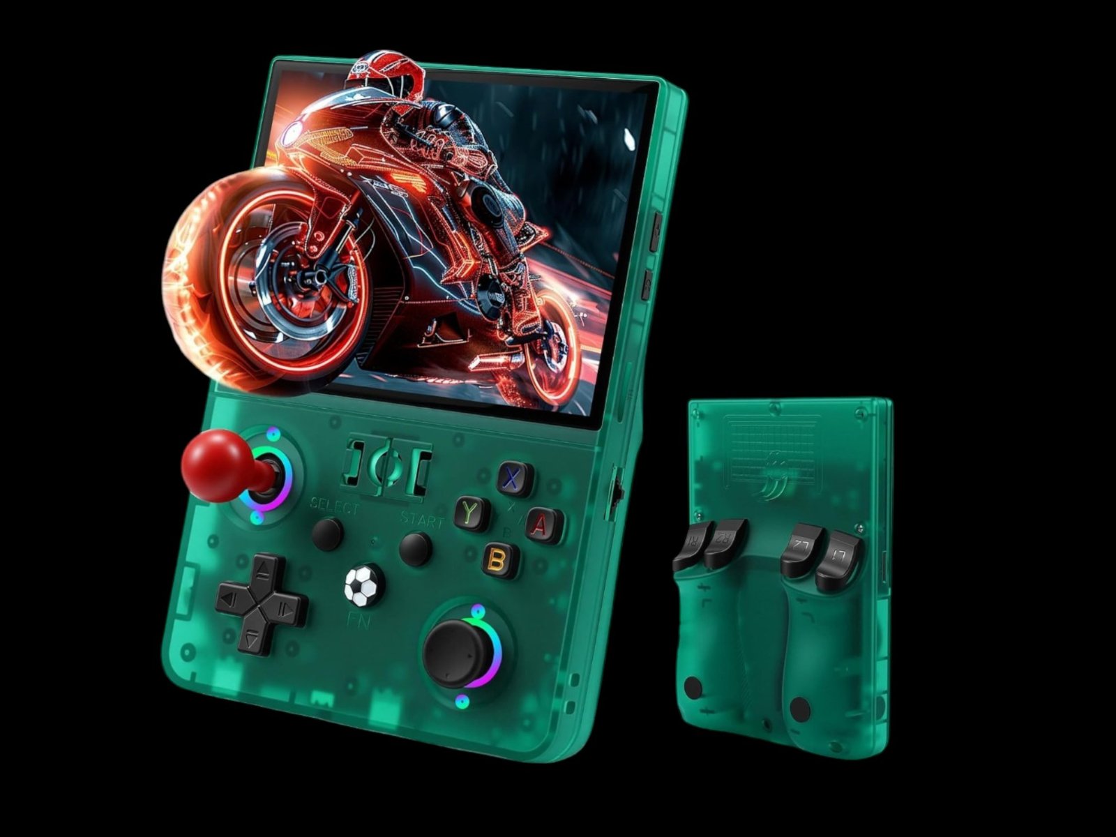 The R36 Max 2 retro handheld gaming console, featuring a vibrant colour scheme and sleek design, perfect for playing classic retro games on the go