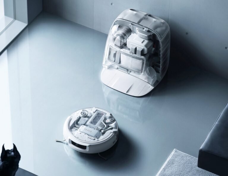 A DJI Romo robot vacuum being controlled by a DualSense PS5 controller, with a backdrop of multiple robot cameras, highlighting the security flaw in the system and the importance of smart home security