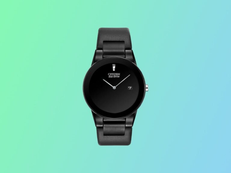 The Citizen Axiom Eco-Drive AU1065-07E all-black dress watch with edge-to-edge glass and a slim 40mm case, showcasing its sleek design and light-powered movement, a perfect accessory for those who value style and reliability