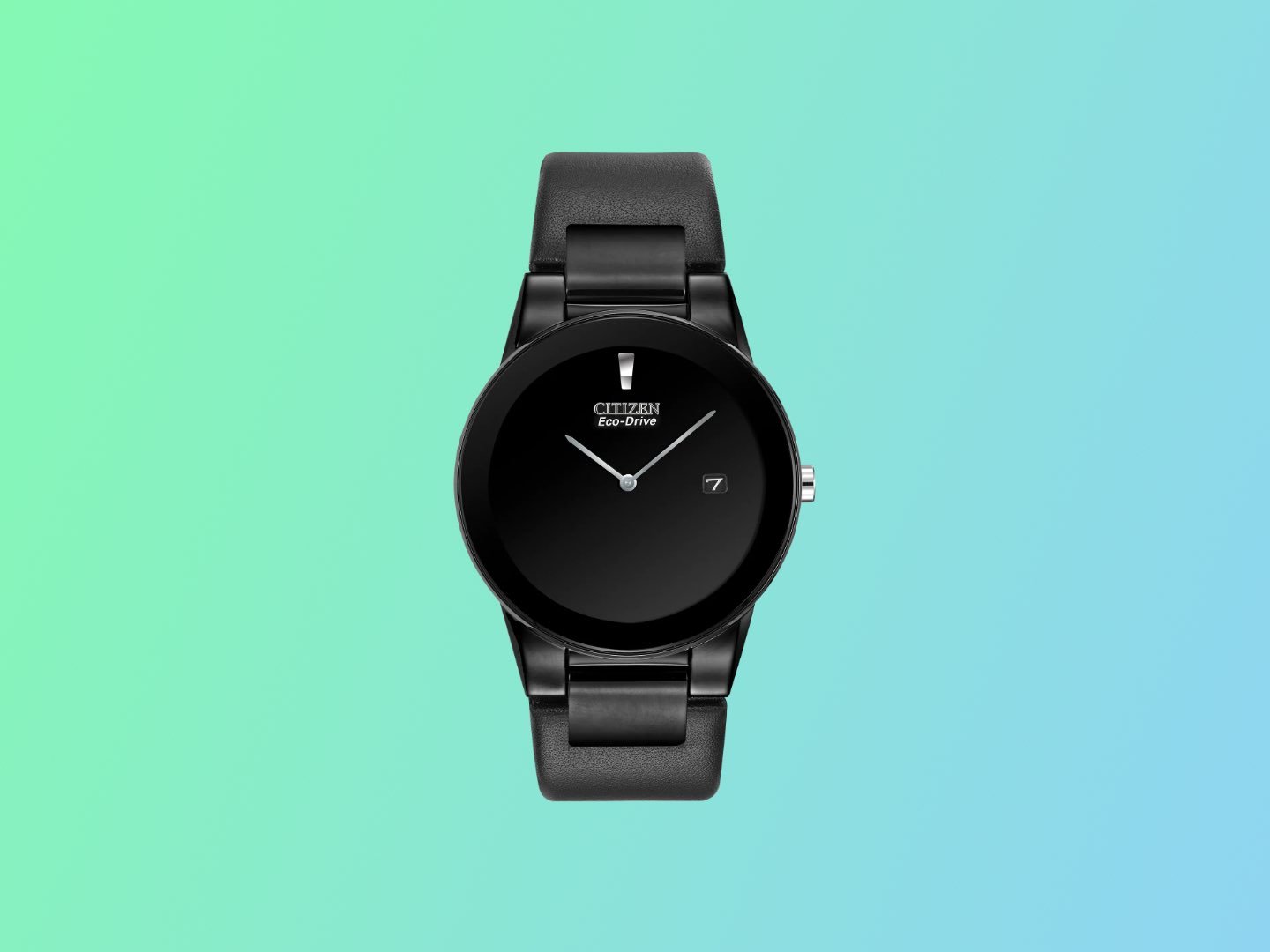 The Citizen Axiom Eco-Drive AU1065-07E all-black dress watch with edge-to-edge glass and a slim 40mm case, showcasing its sleek design and light-powered movement, a perfect accessory for those who value style and reliability