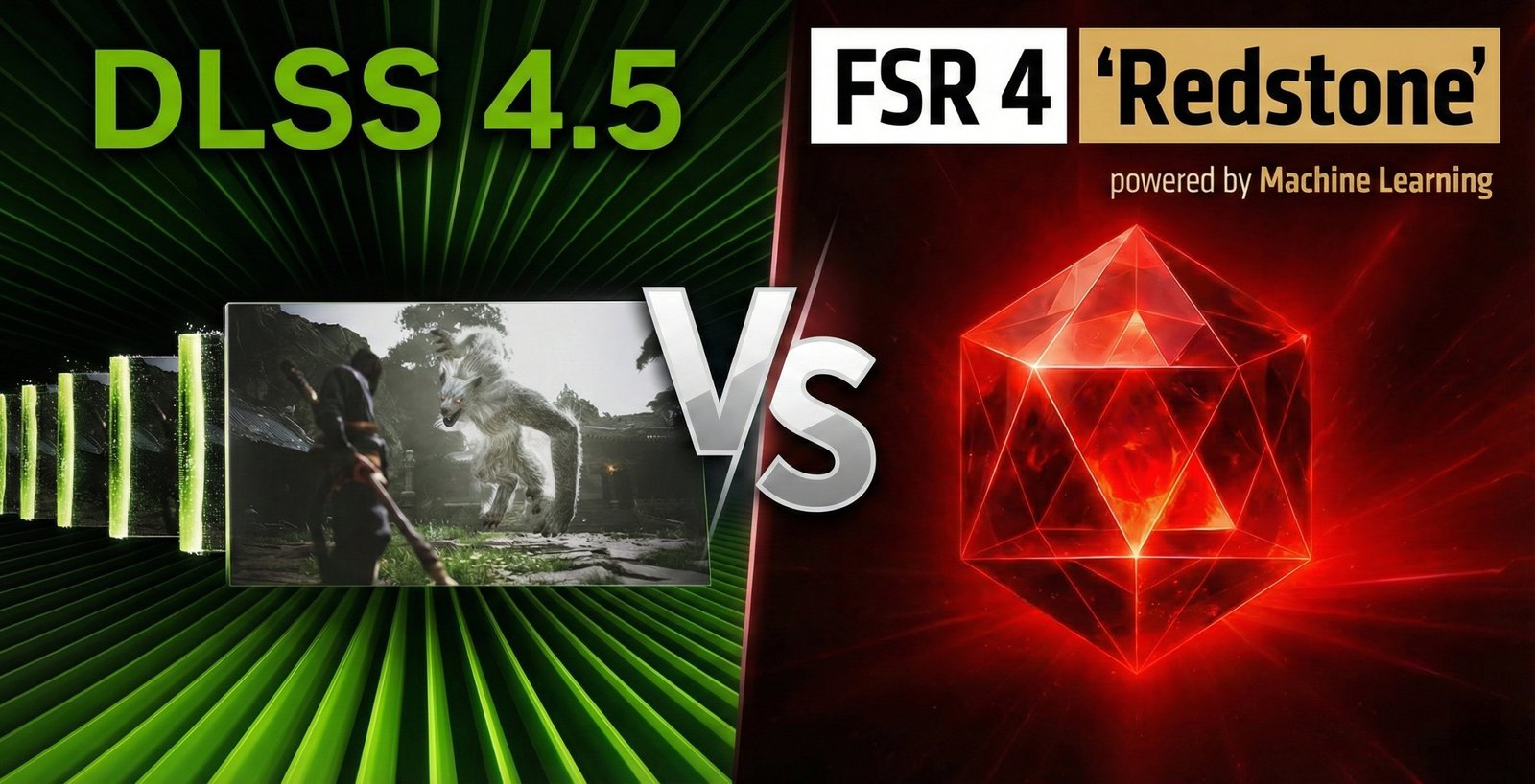 A split-screen comparison of NVIDIA DLSS 4.5, native resolution, and AMD FSR upscaling, showcasing the superior image quality of NVIDIA's technology, with vibrant colours and sharp details, highlighting the primary keyword of upscaling technologies