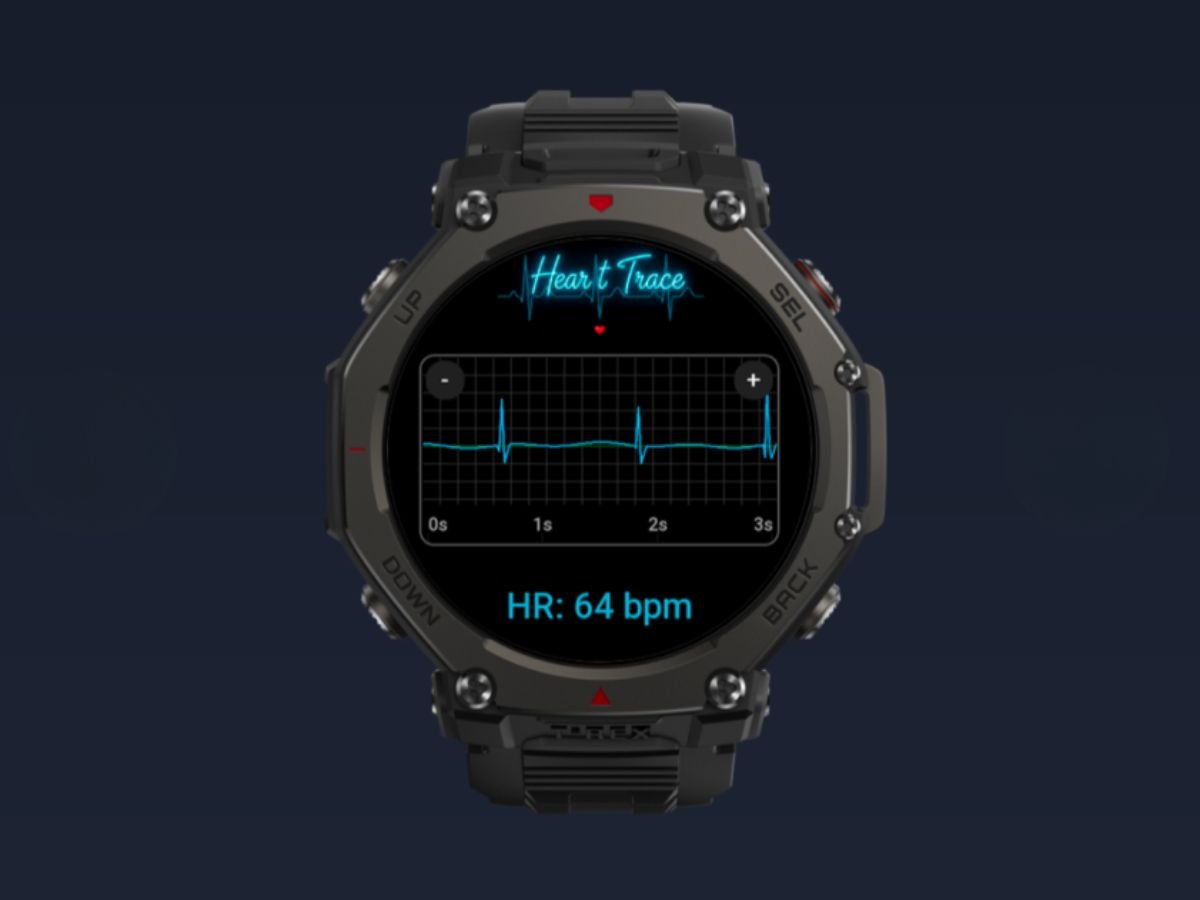 Amazfit smartwatch with heart rate monitoring app on the screen, showing a person exercising in the background, with a cityscape and a fitness tracker in the foreground, highlighting the benefits of wearable technology and fitness tracking