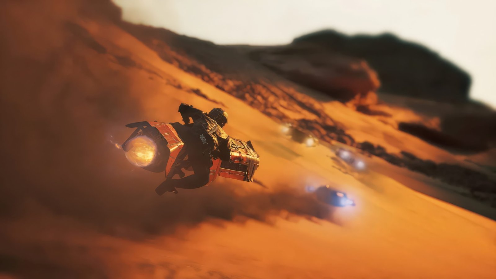 An image of a Star Wars: Galactic Racer gameplay screenshot, showcasing a podracing vehicle in action, with a desert planet landscape in the background, highlighting the game's connection to the Star Wars franchise and its exciting racing gameplay