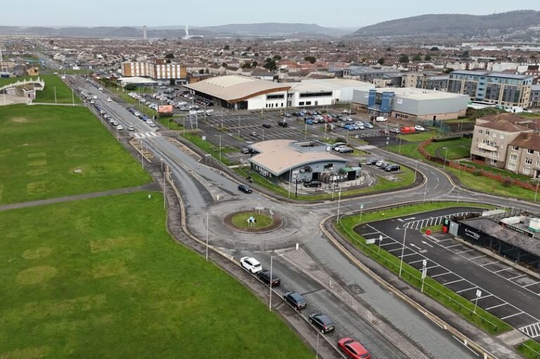Aerial view of the seafront, showing the new cycle routes, restaurant, and skate park, with the stunning coastline and beautiful scenery, perfect for a family day out or a thrilling adventure
