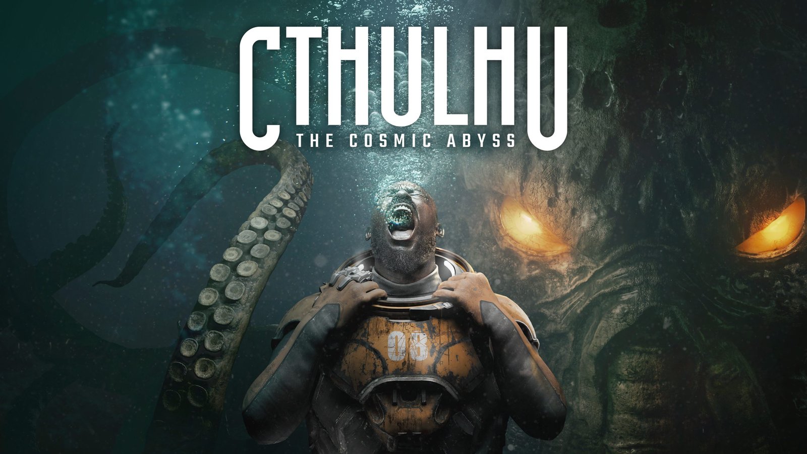 Cthulhu: The Cosmic Abyss gameplay trailer screenshot, showing the dark corridors of an underwater mining station, with player character Noah analysing clues and scanning for hidden dangers, highlighting the game's investigative mechanics and immersive atmosphere