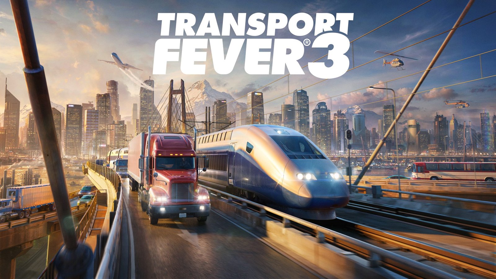 A screenshot of Transport Fever 3, showing a bustling transport network with trains, trucks, and ships. The game's dynamic weather system and day-night cycles add to the overall realism and immersion, with a beautiful sunset in the background. The primary keyword, Transport Fever 3, is showcased in the game's logo.