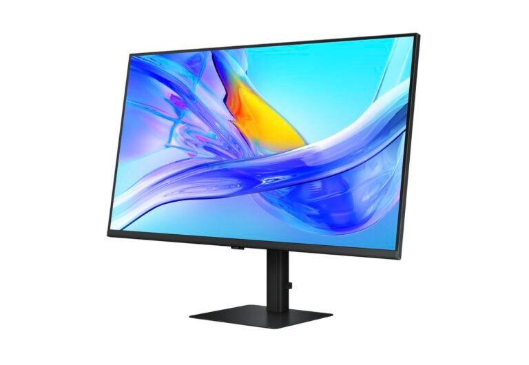 The Samsung ViewFinity S8 4K monitor displayed on a desk with a keyboard and mouse, showcasing its vibrant colour display and sleek design, perfect for office use and available on Amazon with a limited-time discount
