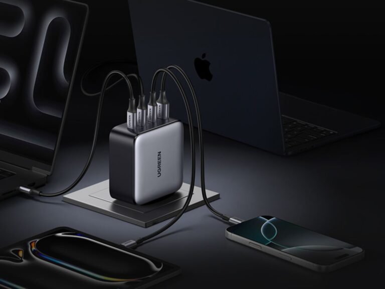 Ugreen Nexode 200W Charger with four ports, including three USB-C and one USB-A, delivering rapid charging speeds with advanced GaN technology, ideal for charging multiple devices simultaneously