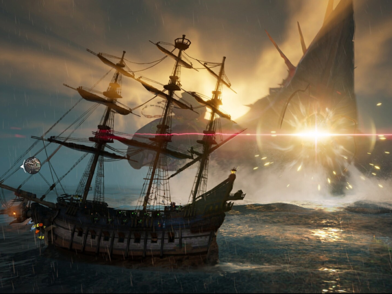 A pirate ship sailing through a vast archipelago, with a reactive open world and turn-based combat, set in the UK gaming scene, featuring Sea of Remnants as a free-to-play adventure-RPG with a unique blend of exploration and strategy