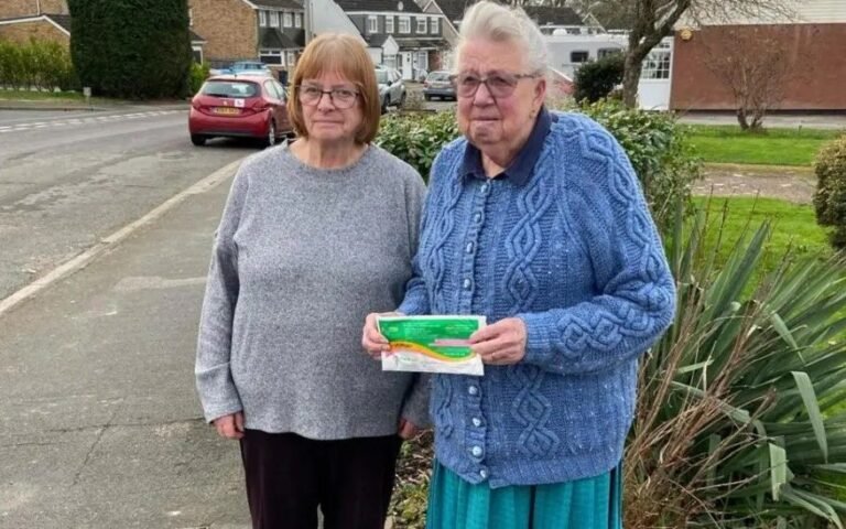 A pensioner holding a charity donation bag, with a shocked expression, highlighting the importance of responsible behaviour when donating to charity, with a focus on the colour and environmental impact of the donation bag