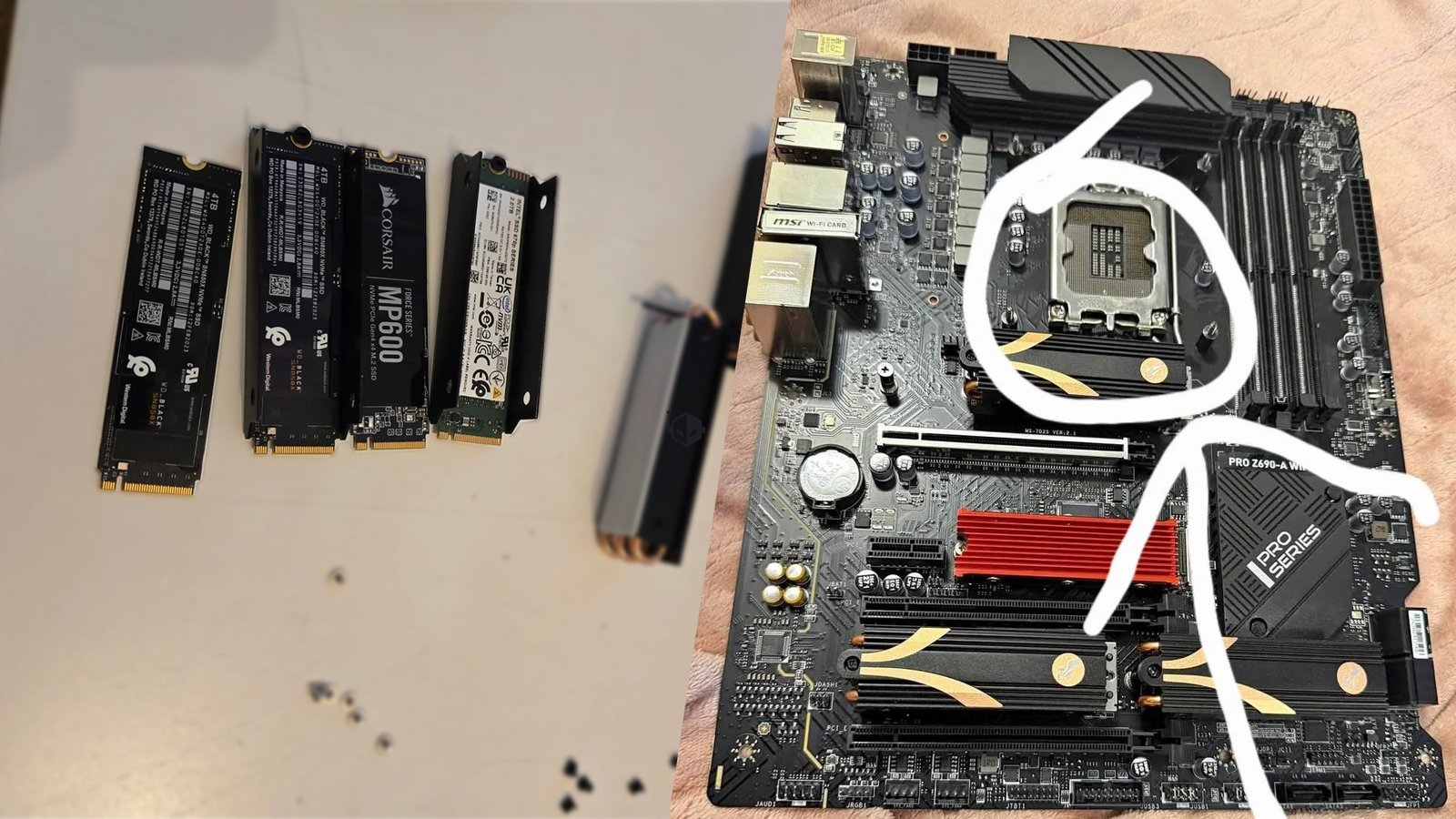 A photo of a used MSI PRO Z690-A WiFi motherboard with four NVMe SSDs installed, worth at least $1700, a lucky find for any PC enthusiast looking to upgrade their storage with the latest NVMe SSD technology