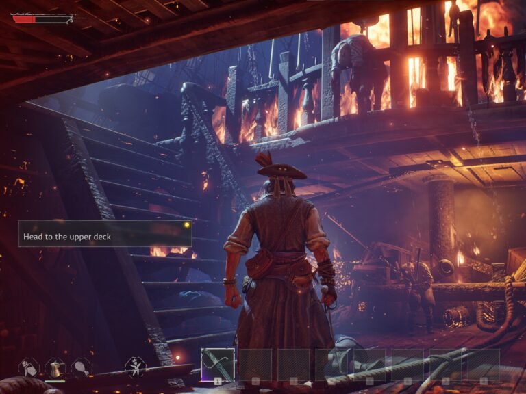 Windrose pirate survival game featured image, showcasing a pirate ship sailing through treacherous waters, with a colourful sky and a sense of adventure and danger in the air, highlighting the game's pirate theme and survival elements