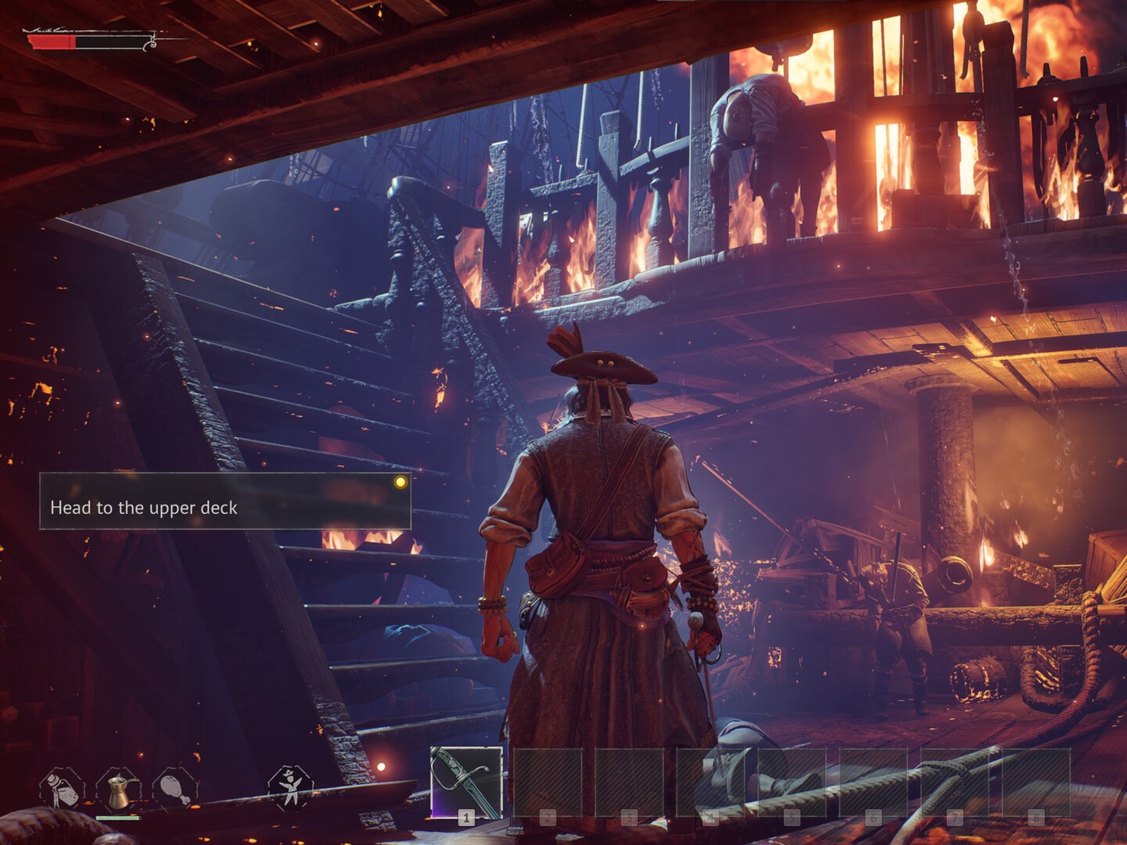 Windrose pirate survival game featured image, showcasing a pirate ship sailing through treacherous waters, with a colourful sky and a sense of adventure and danger in the air, highlighting the game's pirate theme and survival elements