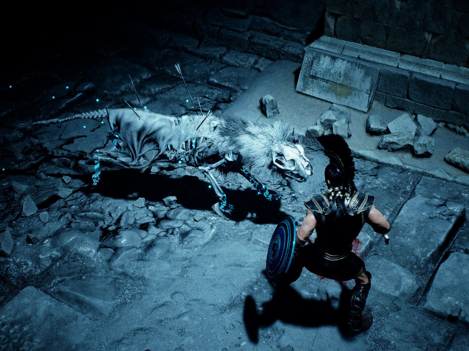 Achilles: Legends Untold gameplay screenshot, featuring a hero battling monsters from Greek mythology, with a dark and atmospheric background, showcasing the game's action-packed combat and stunning visuals.