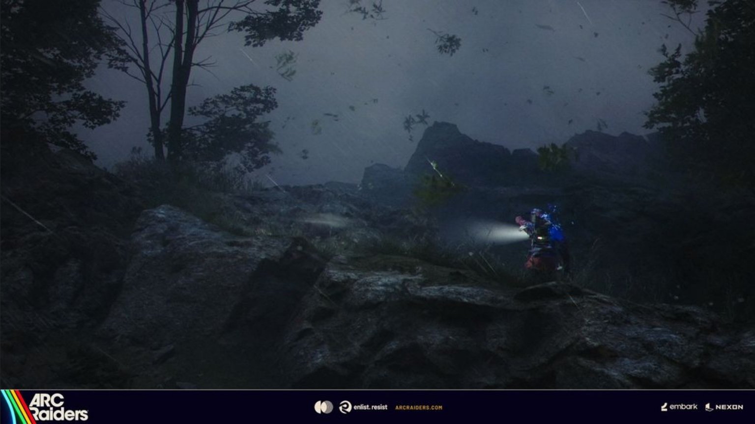 A dramatic image of a hurricane in the world of ARC Raiders, with raiders in the foreground, preparing to face the storm, set against a dark and ominous sky with the colour of the warning systems visible in the distance, embodying the unpredictable and dangerous nature of the new map condition.