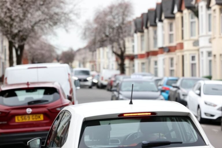 A narrow city street with cars and pedestrians, doorbell camera installed on a nearby house, representing the growing concern of road rage and surveillance in urban areas, with a focus on narrow city streets and doorbell cameras