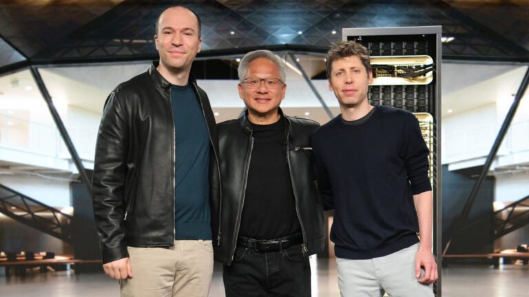 NVIDIA's CEO, Jensen Huang, shaking hands with OpenAI's CEO, Sam Altman, symbolising the significant investment and partnership between the two companies, paving the way for a new era in artificial intelligence, with a focus on AI research and development