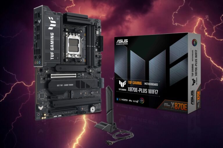 Featured image of V-Color XSky 32 GB DDR5 memory and Asus TUF X870E-Plus gaming motherboard combo, showcasing the components' sleek design and high-quality construction, with the primary keyword 'gaming motherboard' naturally included
