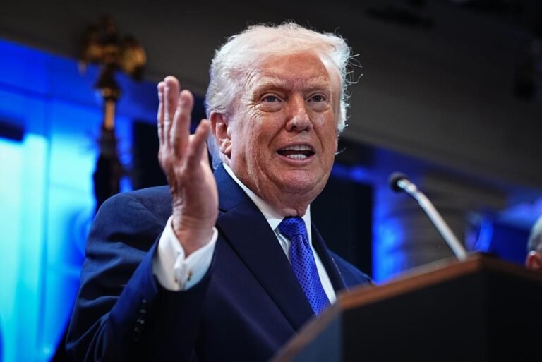 Donald Trump speaking at a press conference, with a backdrop of global economy graphs and supreme court justices, highlighting the potential impact of his actions on international trade and the rule of law, as the world watches with bated breath