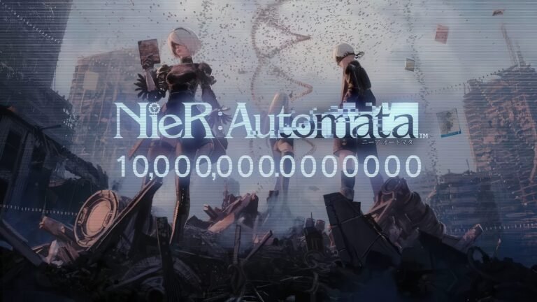 NieR: Automata game artwork featuring android characters, a mix of dark and vibrant colours, with a glimpse of the game's machine-filled world, highlighting the primary keyword NieR: Automata