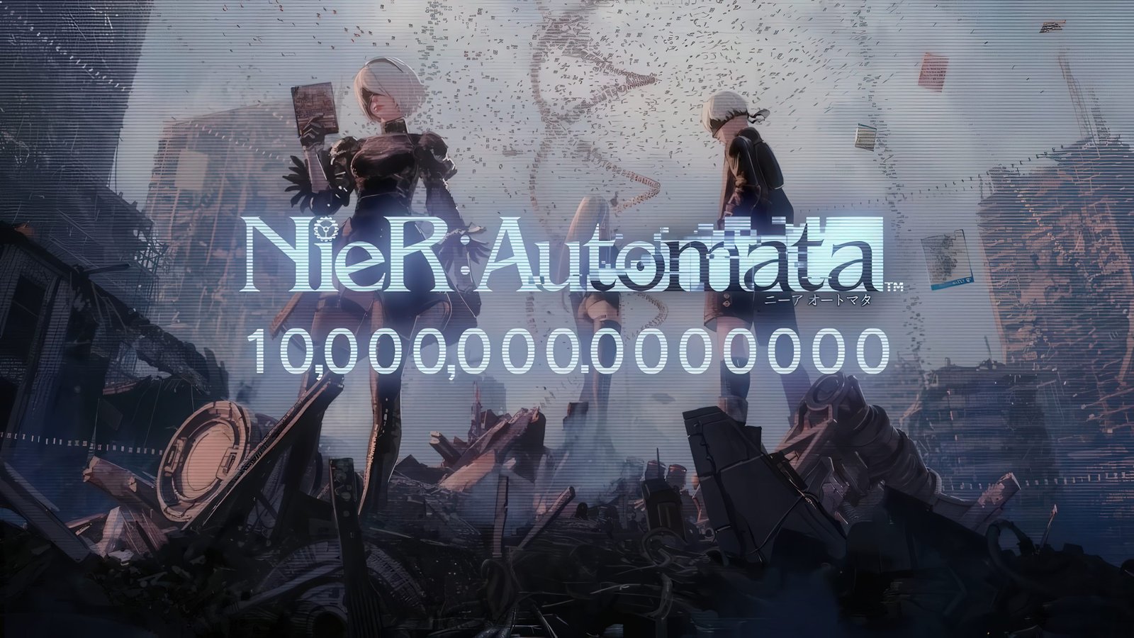 NieR: Automata game artwork featuring android characters, a mix of dark and vibrant colours, with a glimpse of the game's machine-filled world, highlighting the primary keyword NieR: Automata