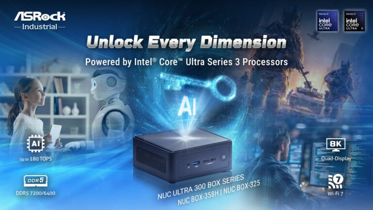 ASRock NUC Ultra 300 Box series featuring Intel Core Ultra processors and up to 128 GB of memory, showcasing the mini PC's compact design and advanced features