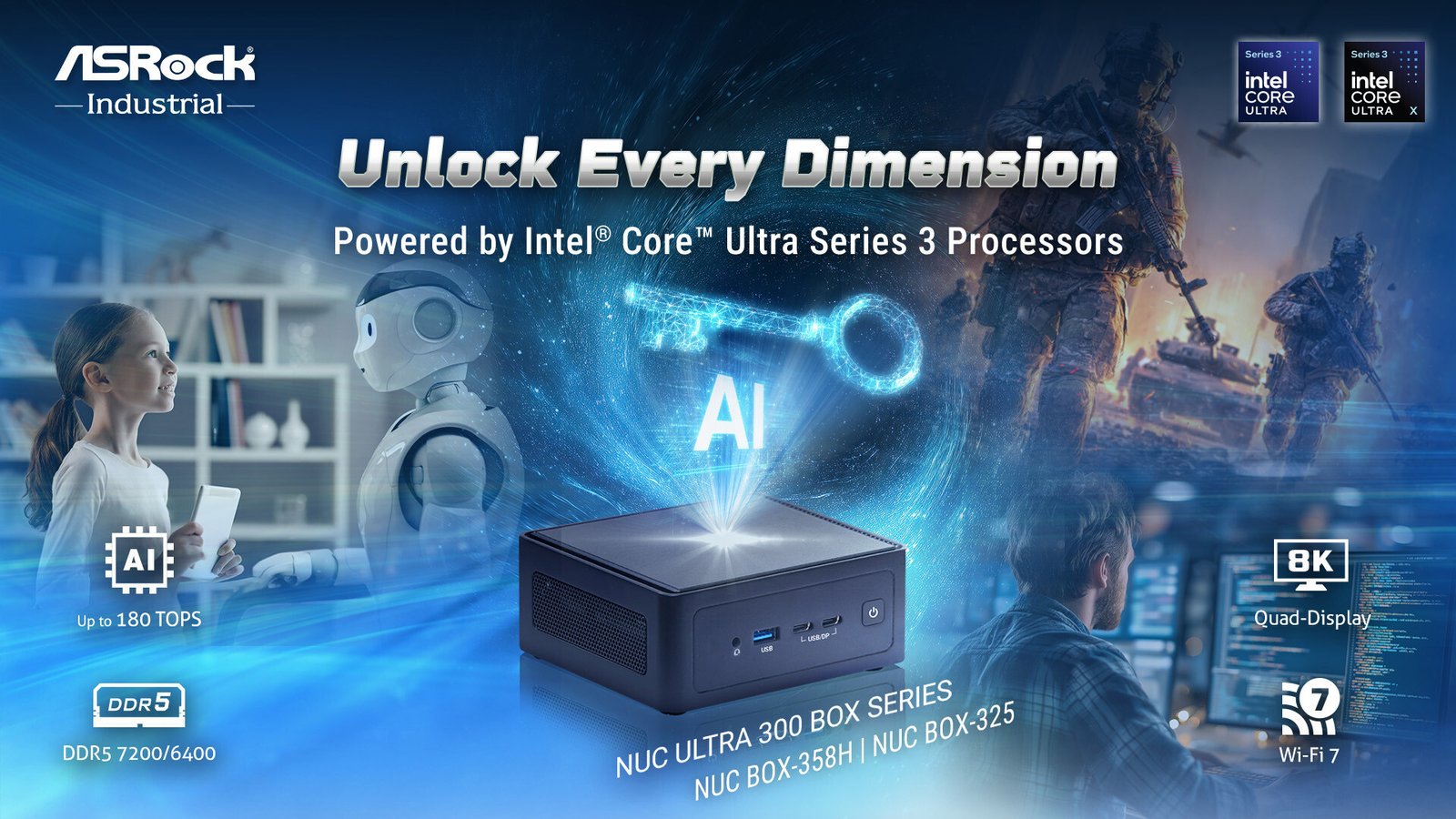 ASRock NUC Ultra 300 Box series featuring Intel Core Ultra processors and up to 128 GB of memory, showcasing the mini PC's compact design and advanced features